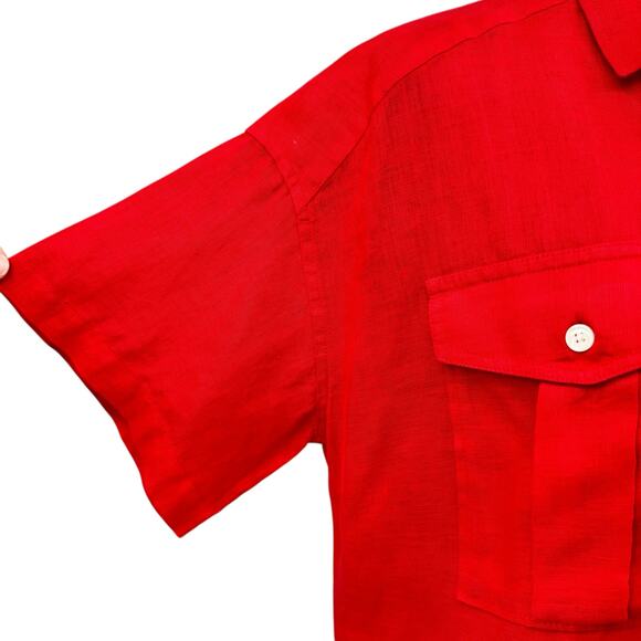 Alex Mill Bright Solid Red 100% Linen Short Sleeve Button Up Utility Camp Shirt - Picture 6 of 10
